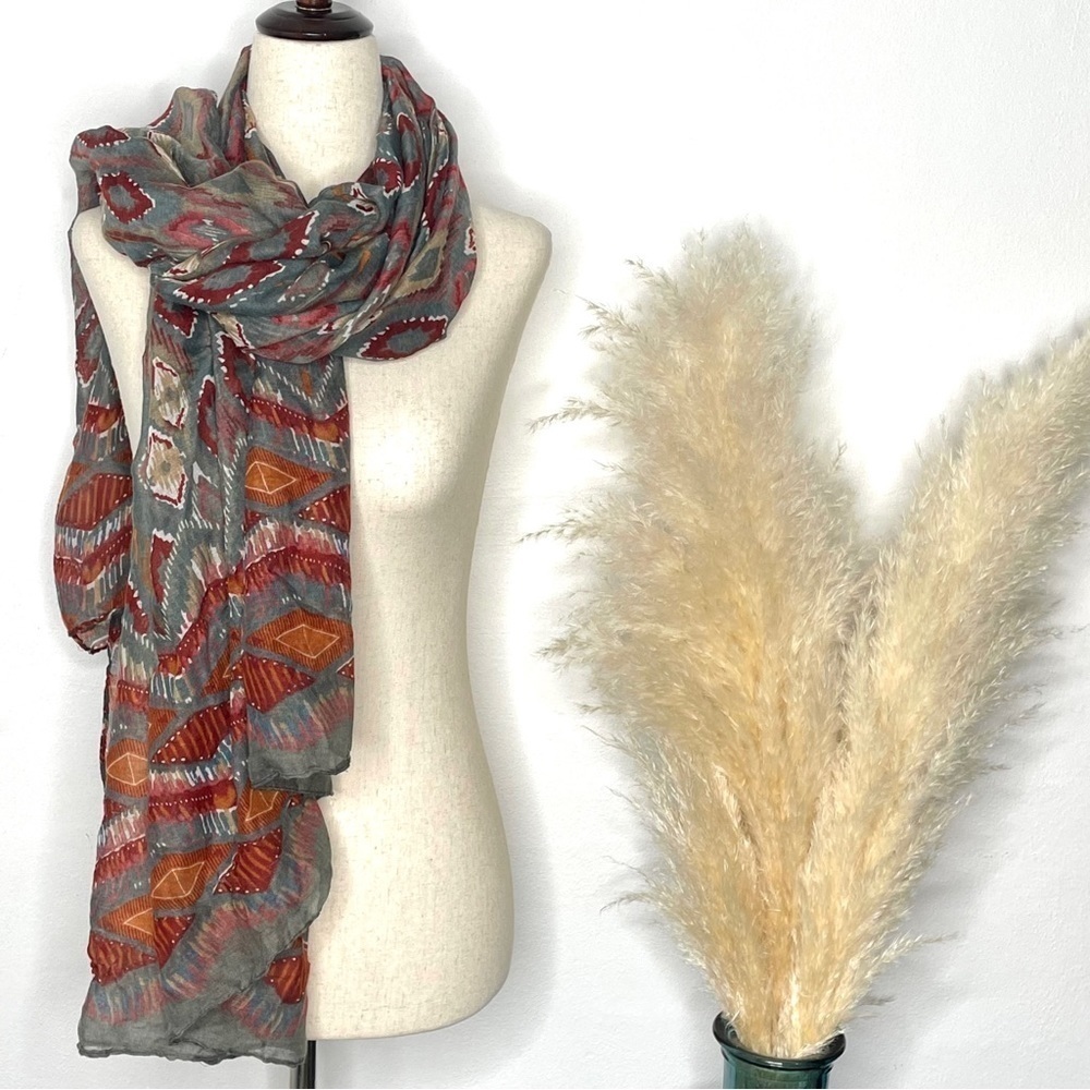 Boho Grey Multicolor Diamond Kilim Print Lightweight Viscose Scarf Wrap